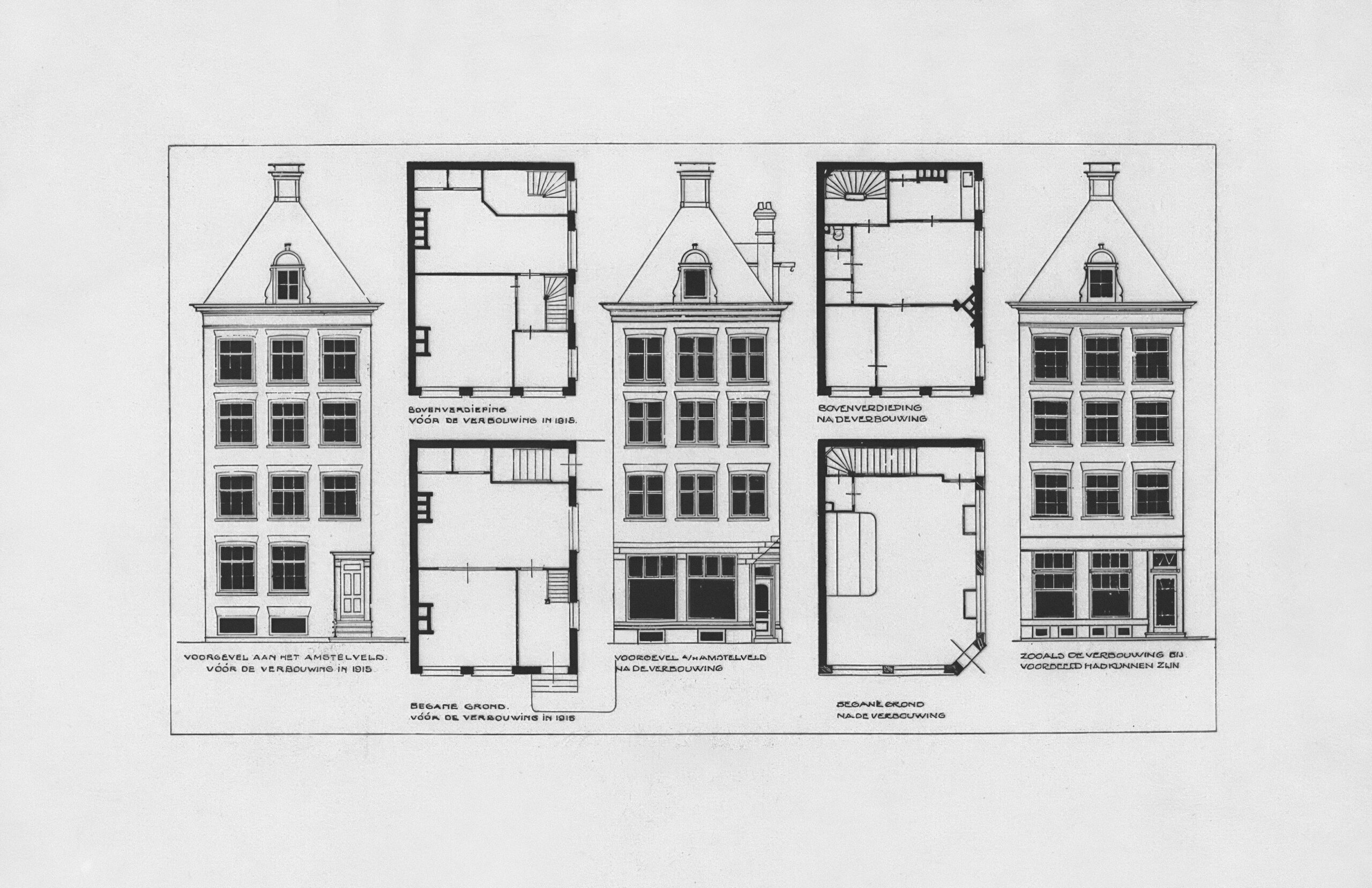 A black and white drawing of a four story building